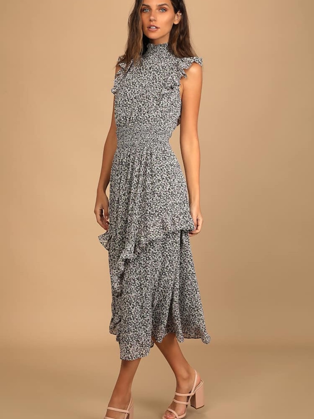 Lulus Evalina Black Floral Print Mock Neck Midi Dress Size Small - Picture 2 of 7